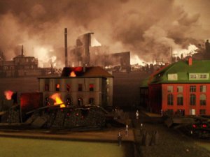 Mibjarbruninn.  brunahsunum og rstunum var komi fyrir ljsum,  
litlum dum og gervi-eldi (litlar upplstar silkituskur sem flkta  
fyrir litlum viftum). egar tt var  hnapp fyrir framan lkani  
lifnai essi eldur, ljskastarar  bak vi lkani flktu og flugt  
hljkerfi flutti drunur og brak af miklum eldsvoa. essi sning  
st  15 sekndur og slokknai svo